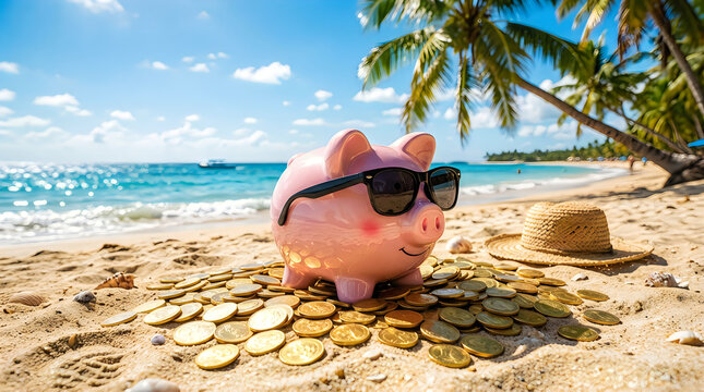 Piggy bank with sunglasses on a sandy beach with coins