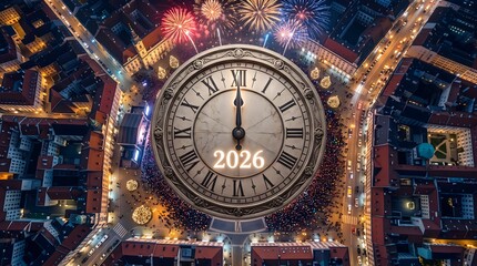 Obraz premium New Year 2026 Countdown Celebration with Fireworks over City Clock Square