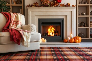 Obraz premium Autumn living room interior with a cozy fireplace and fall decor featuring pumpkins
