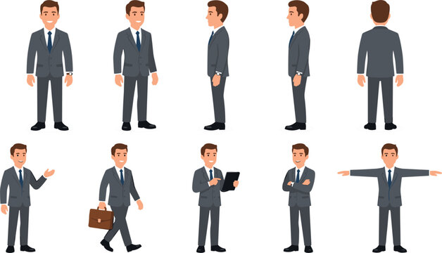 Businessman character model sheet showing front profile back turnaround views and corporate poses walking with briefcase digital tablet and t-pose on white