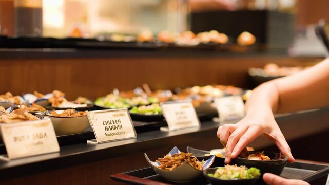Person Selecting Small Bowls of Japanese Food at a Buffet