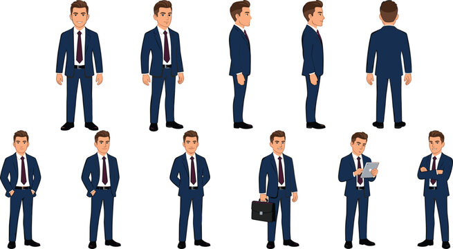 Businessman character model sheet showing front side back turnaround views and dynamic corporate poses holding briefcase and reading document on white background