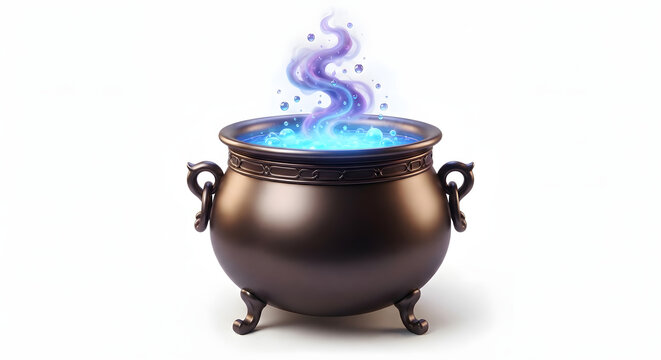 Magical 3D witch cauldron with glowing blue magic potion and purple swirling smoke isolated on white background