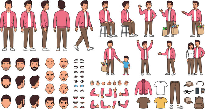 Man character animation creation kit with turnaround poses facial expressions head views hand gestures clothes and accessories isolated on white background vector