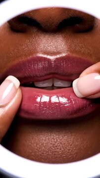 Close-up view of a woman's lips with glossy makeup and perfectly manicured fingers gently touching them