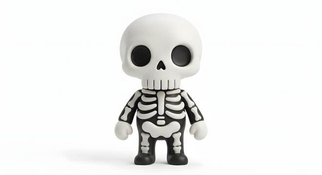 Cute 3D Halloween skeleton chibi character vinyl art toy figure isolated on white background