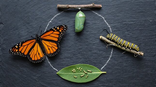 Life cycle of a monarch butterfly showing metamorphosis stages