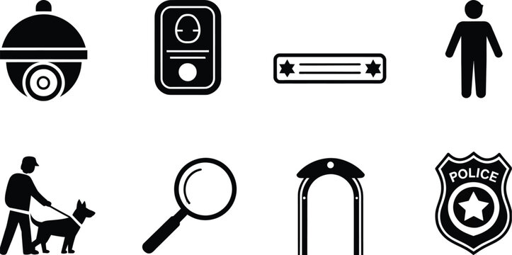 Set of security and surveillance icons, featuring CCTV cameras, security guards, alarm systems, locks, shields, and safety equipment with clean minimalist vector design for monitoring, protection, acc