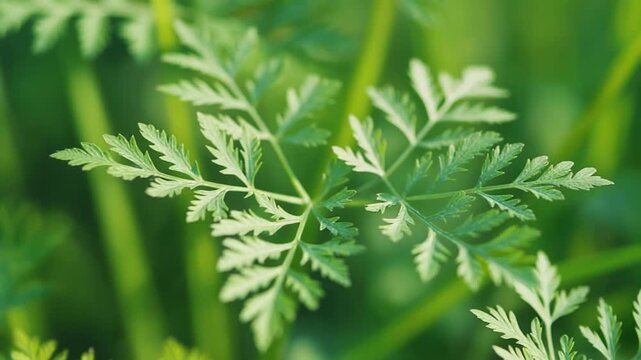 Lush green wild carrot leaves swaying in a gentle breeze