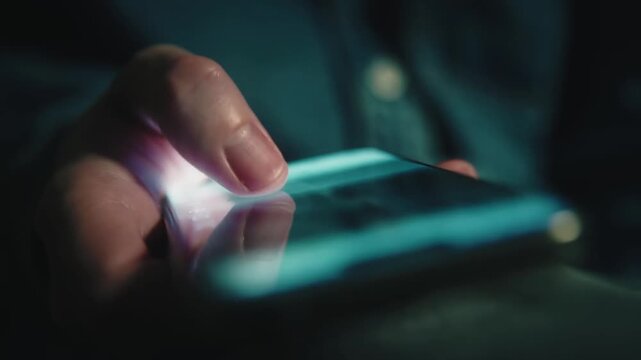 Man Scrolling Social Media on Smartphone at Night, Macro View