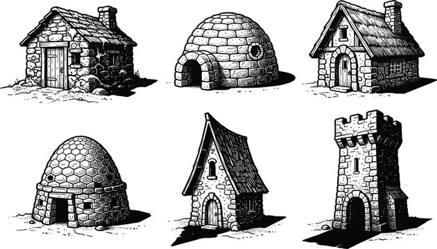 Medieval stone house and fortress icon set featuring cottage igloo watchtower vector line art collection