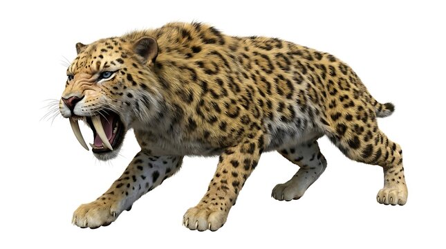 Aggressive sabertooth cat snarling isolated on white