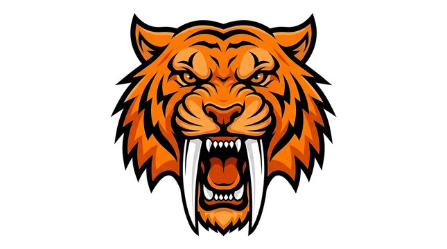 Powerful roaring saber-toothed tiger mascot head with sharp fangs