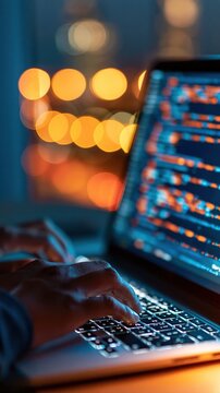 Coding developer working on laptop with programming software and night city bokeh
