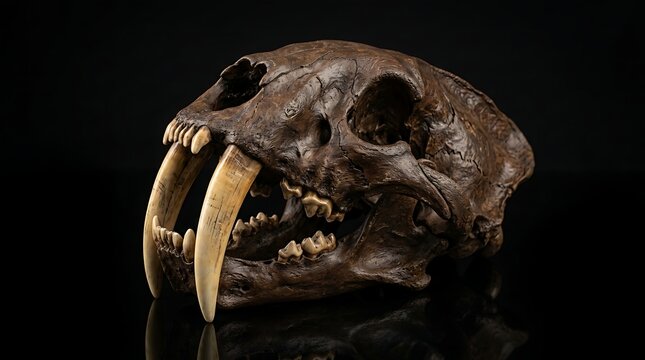 Prehistoric saber-toothed cat skull with prominent canines
