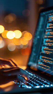 Programming developer hands typing code on laptop for software development at night