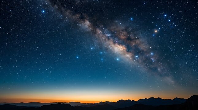 Milky way galaxy and stars above mountain silhouettes at dawn