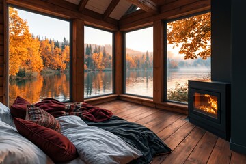 Obraz premium Cozy bedroom interior with warm fireplace overlooking autumn forest and calm lake