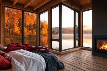 Obraz premium Cabin bedroom with cozy fireplace and modern window view of an autumn fall lake