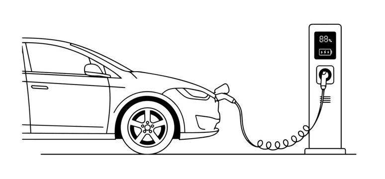 Electric car charging at station line art vector illustration isolated