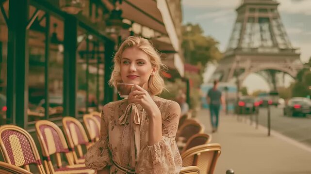Paris, France, Europe. A vivid portrayal of a woman in a Parisian setting, captured in a candid moment. She sits at a cafe with a view of the Eiffel Tower in the background.