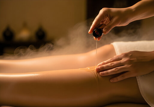 Aromatic oil pouring during spa treatment on woman's back