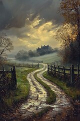 Obraz premium Serene country dirt road winding through countryside with trees and dramatic sky
