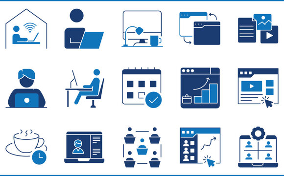 A set of icons related to Work from Home. Work, home, laptop, online, workspace, coffee, income, and so on.