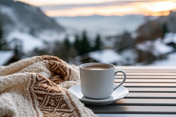 Obraz premium Coffee on a wooden table with a warm blanket and cozy winter mountain landscape