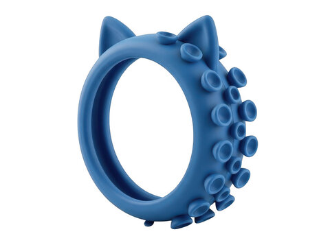 Blue plastic toy ring with cat ears and building block studs isolated on transparent background