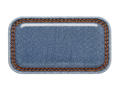 Blue denim fabric badge with orange stitching isolated on white background isolated on transparent background