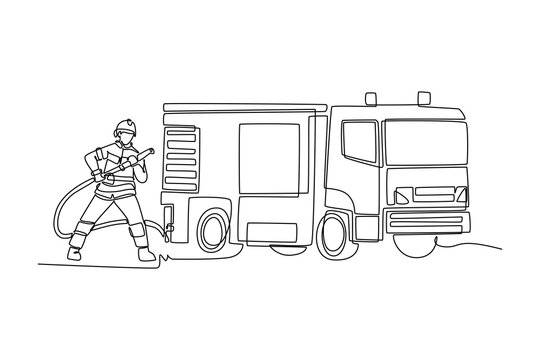Single one line drawing brave male firefighter holding water hose connected to large fire truck, actively putting out an emergency fire on duty. Continuous line draw design graphic vector illustration