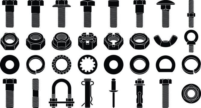 Comprehensive collection of black hardware fastener silhouettes including various nuts, bolts, screws, washers, and rivets on white background