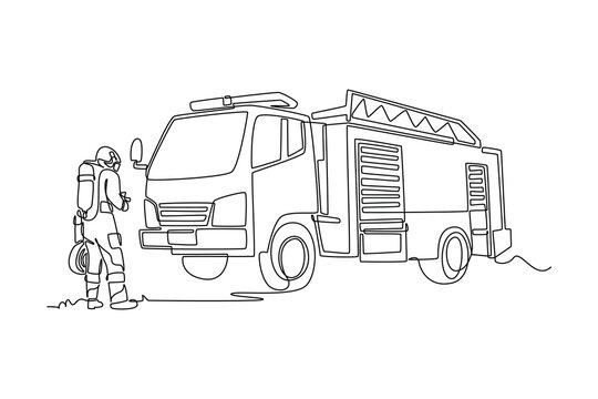 Single one line drawing brave human man firefighter wearing full safety gear standing beside large fire engine truck, emergency rescue service. Continuous line draw design graphic vector illustration