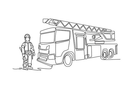 Continuous one line drawing male firefighter holding axe while standing beside large fire engine truck with aerial ladder, emergency rescue service. Single line draw design vector graphic illustration