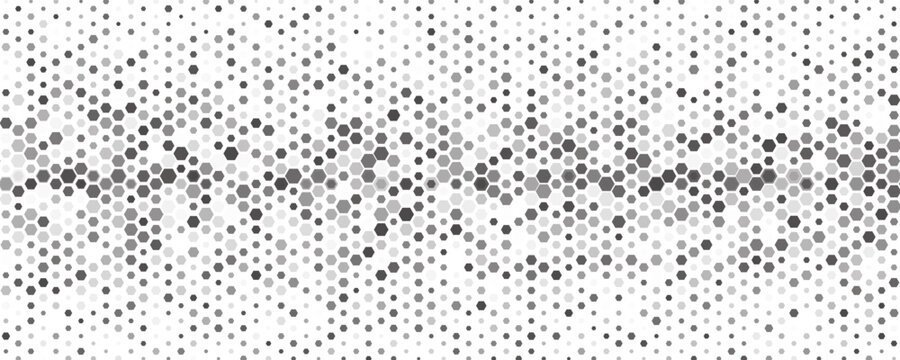 Hexagon halftone gradient texture. Abstract black grunge background. Geometric retro halftone tech wallpaper. Fading wavy hexagonal pattern backdrop. Vector vanishing honeycomb grunge bitmap overlay