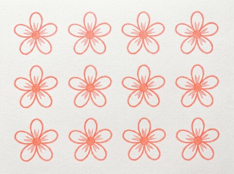 Pink Flower Pattern Hand Drawn with Colored Pencils on Off White Paper Background