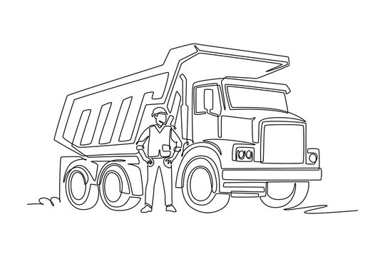 Continuous one line drawing young man worker standing proudly beside a heavy dump truck vehicle, representing industrial site mining transportation. Single line draw design vector graphic illustration