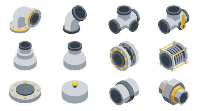 Collection of gray and yellow plastic pipe fittings.