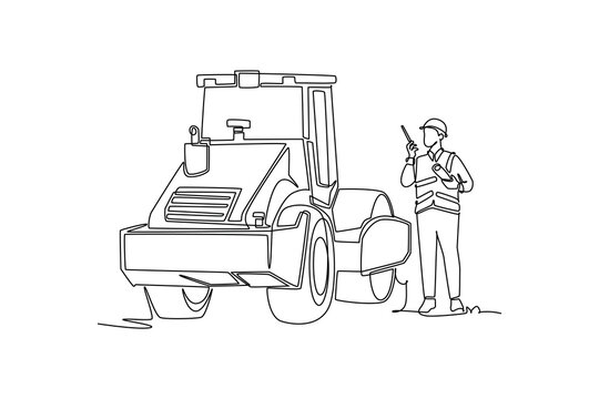 Single continuous line drawing male site worker holding a walkie-talkie radio while standing next to a heavy road roller vehicle at construction site. One line draw graphic design vector illustration