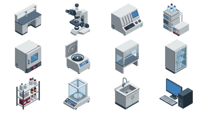 Isometric laboratory equipment and medical devices collection.