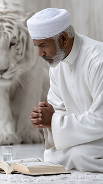 Elderly man white robe white turban white tiger holy book prayer spirituality religion contemplation devotion Elderly man white robe and turban prays deep contemplation near white tiger with open