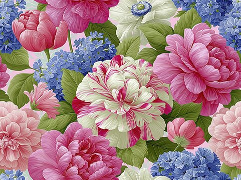Elegant Peony, Dahlia and Daisy Botanical Seamless Pattern for Wallpaper