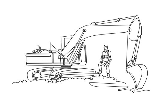 Single continuous line drawing young male site worker holding blueprints and standing next to a large heavy excavator machine at a construction site. One line draw graphic design vector illustration