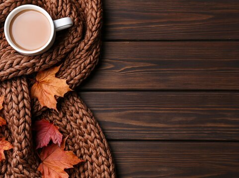 Autumn cozy coffee mug on a knitted scarf with maple leaves for a fall background