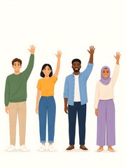 Fototapeta premium Diverse group of people waving hands, multicultural young adults standing together, inclusive community representation, friendly team greeting