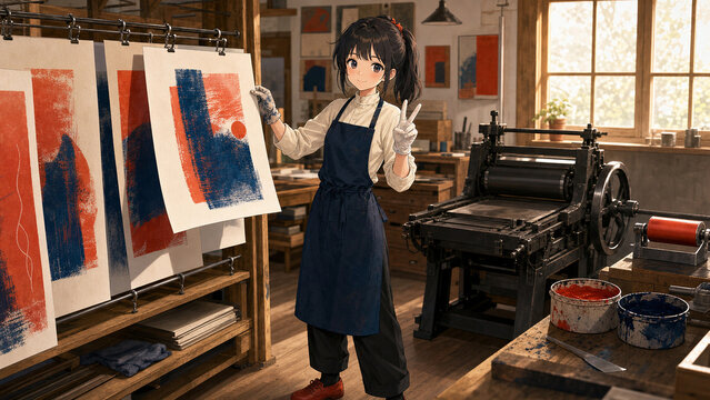 Woman in an apron holding a freshly printed poster in a letterpress workshop with drying racks and ink tins, 刷り上がったポスターを掲げるエプロン姿の女性 版画工房と印刷機