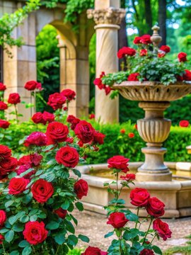 A delicate rose bush with vibrant red roses and lush green foliage in a tranquil environment