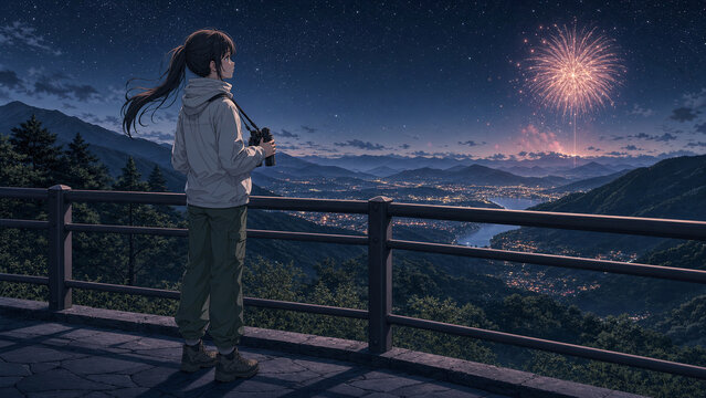 Woman with binoculars at a mountain overlook watching distant fireworks above a valley town under a starry sky, 星空の下、山の展望台から双眼鏡を手に眼下の街の遠花火を眺める女性