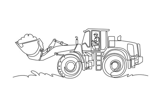 Single continuous line drawing young male driver operating a heavy wheel loader vehicle, carrying dirt inside its front bucket on a construction site. One line draw graphic design vector illustration